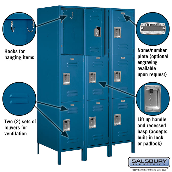 Salsbury 18" Wide Triple Tier Standard Metal Locker - 3 Wide - 6 Feet High - 21 Inches Deep - Blue - Unassembled - Sweatfully