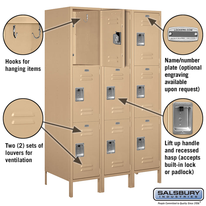 Salsbury 18" Wide Triple Tier Standard Metal Locker - 3 Wide - 6 Feet High - 21 Inches Deep - Tan - Unassembled - Sweatfully