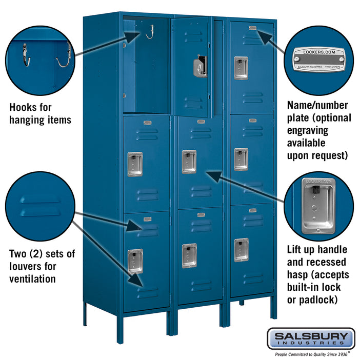 Salsbury 18" Wide Triple Tier Standard Metal Locker - 3 Wide - 6 Feet High - 18 Inches Deep - Blue - Unassembled - Sweatfully