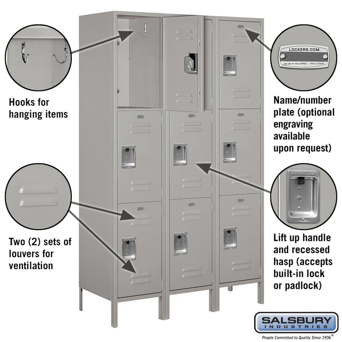 Salsbury 18" Wide Triple Tier Standard Metal Locker - 3 Wide - 6 Feet High - 18 Inches Deep - Gray - Assembled - Sweatfully
