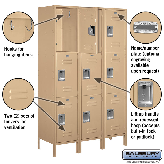 Salsbury 18" Wide Triple Tier Standard Metal Locker - 3 Wide - 6 Feet High - 18 Inches Deep - Tan - Assembled - Sweatfully