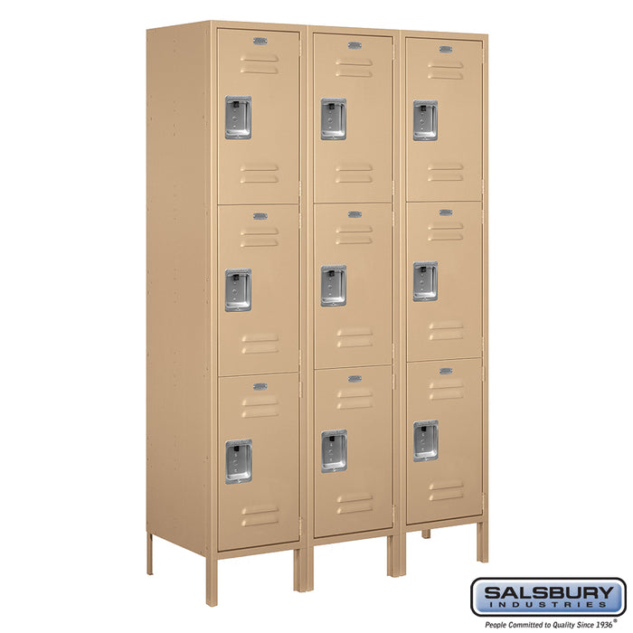 Salsbury 18" Wide Triple Tier Standard Metal Locker - 3 Wide - 6 Feet High - 18 Inches Deep - Tan - Unassembled - Sweatfully