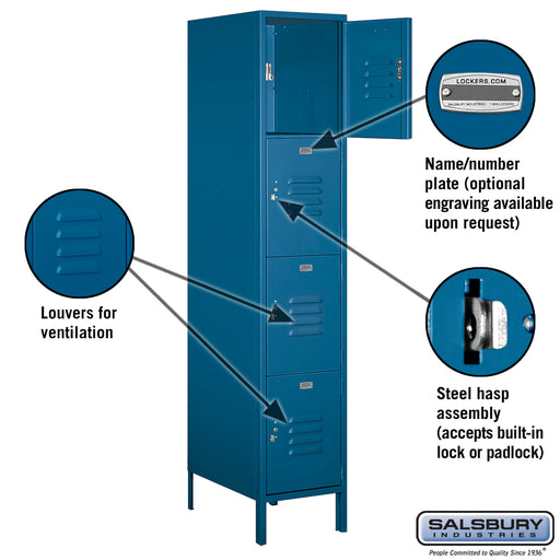 Salsbury 18" Wide Four Tier Standard Metal Locker - 1 Wide - 6 Feet High - 21 Inches Deep - Blue - Unassembled - Sweatfully