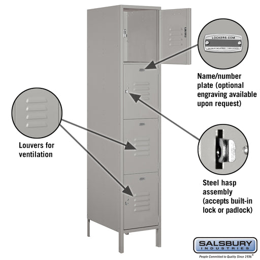 Salsbury 18" Wide Four Tier Standard Metal Locker - 1 Wide - 6 Feet High - 21 Inches Deep - Gray - Unassembled - Sweatfully