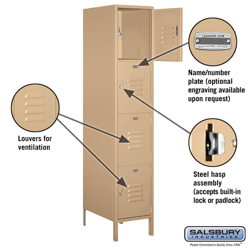 Salsbury 18" Wide Four Tier Standard Metal Locker - 1 Wide - 6 Feet High - 21 Inches Deep - Tan - Assembled - Sweatfully