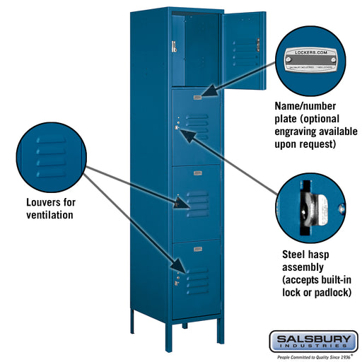 Salsbury 18" Wide Four Tier Standard Metal Locker - 1 Wide - 6 Feet High - 18 Inches Deep - Blue - Assembled - Sweatfully