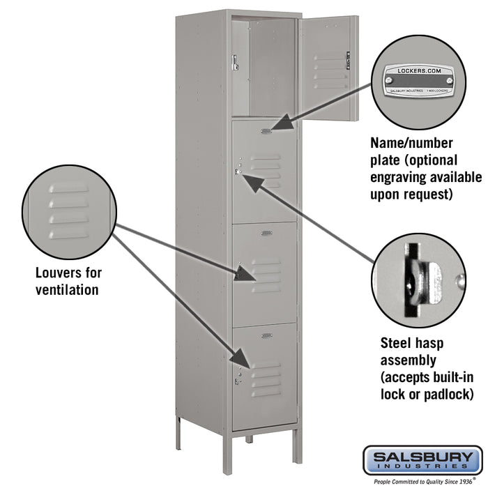 Salsbury 18" Wide Four Tier Standard Metal Locker - 1 Wide - 6 Feet High - 18 Inches Deep - Gray - Assembled - Sweatfully