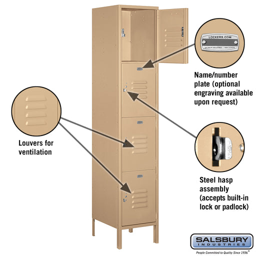 Salsbury 18" Wide Four Tier Standard Metal Locker - 1 Wide - 6 Feet High - 18 Inches Deep - Tan - Assembled - Sweatfully