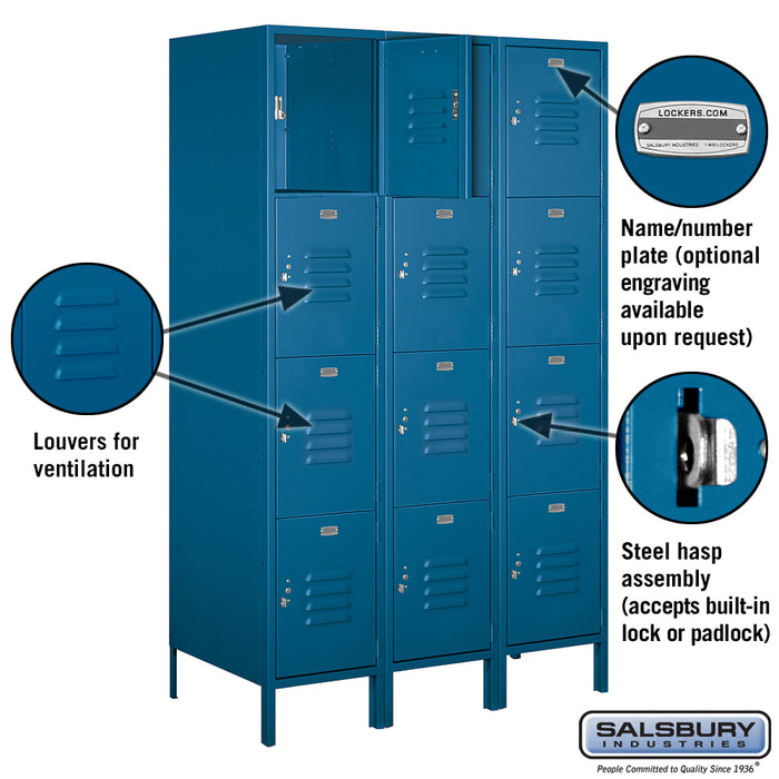 Salsbury 18" Wide Four Tier Standard Metal Locker - 3 Wide - 6 Feet High - 21 Inches Deep - Blue - Assembled - Sweatfully