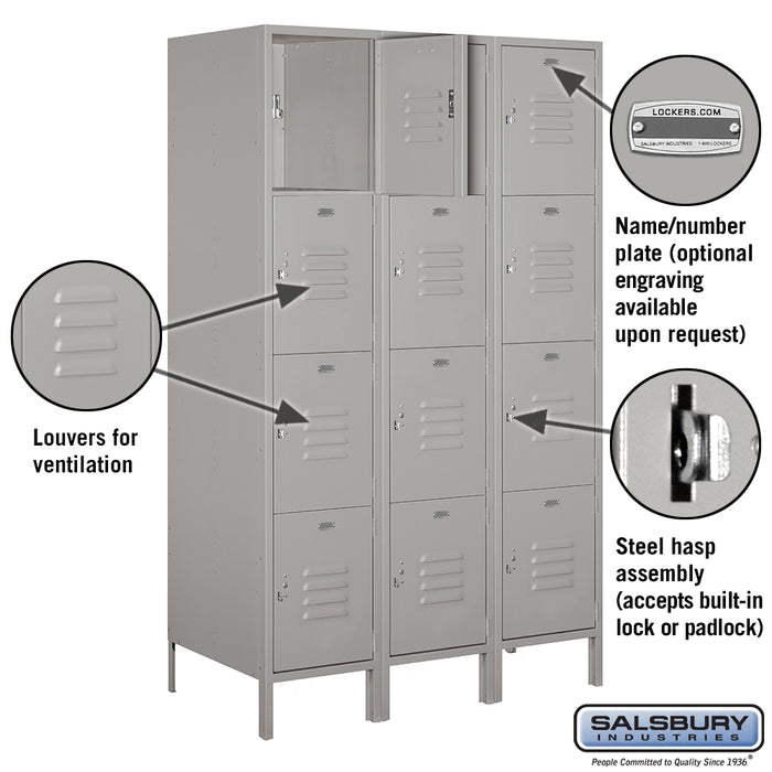 Salsbury 18" Wide Four Tier Standard Metal Locker - 3 Wide - 6 Feet High - 21 Inches Deep - Gray - Assembled - Sweatfully