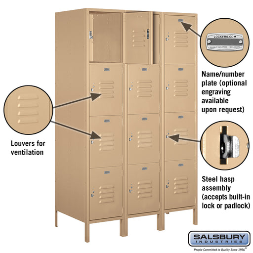 Salsbury 18" Wide Four Tier Standard Metal Locker - 3 Wide - 6 Feet High - 21 Inches Deep - Tan - Assembled - Sweatfully