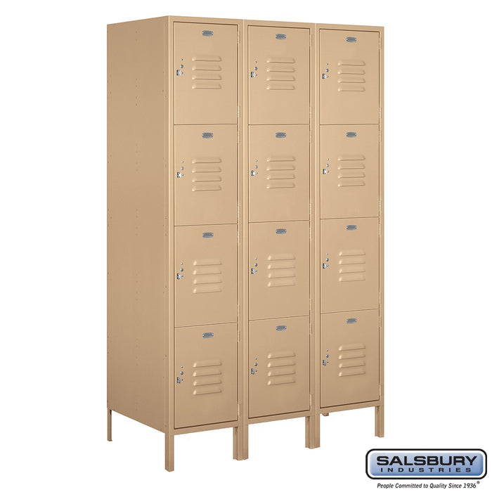 Salsbury 18" Wide Four Tier Standard Metal Locker - 3 Wide - 6 Feet High - 21 Inches Deep - Tan - Assembled - Sweatfully