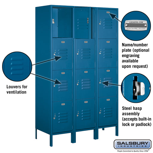 Salsbury 18" Wide Four Tier Standard Metal Locker - 3 Wide - 6 Feet High - 18 Inches Deep - Blue - Unassembled - Sweatfully