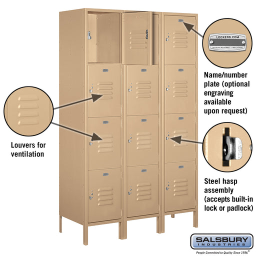 Salsbury 18" Wide Four Tier Standard Metal Locker - 3 Wide - 6 Feet High - 18 Inches Deep - Tan - Assembled - Sweatfully