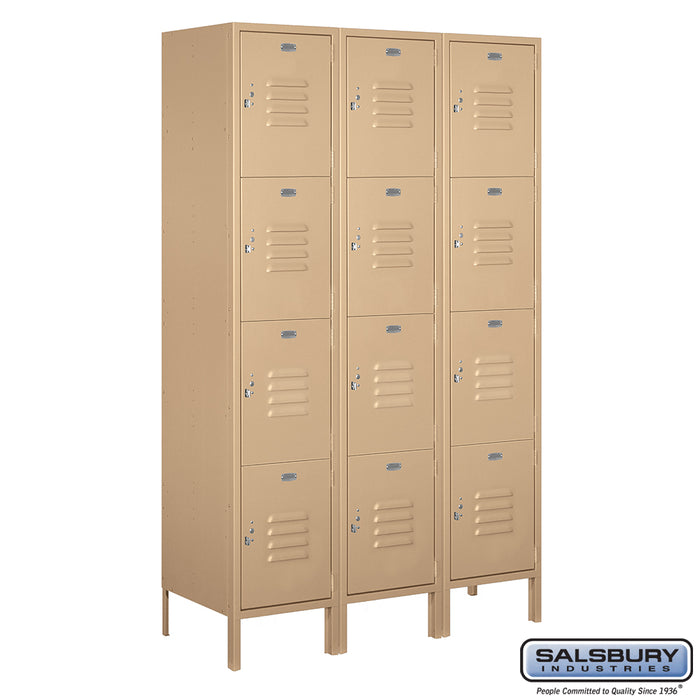Salsbury 18" Wide Four Tier Standard Metal Locker - 3 Wide - 6 Feet High - 18 Inches Deep - Tan - Assembled - Sweatfully