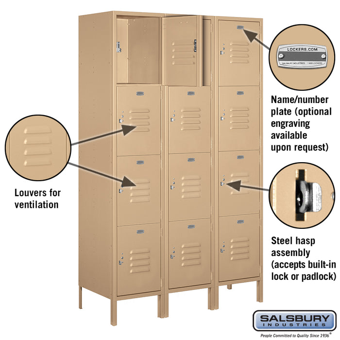 Salsbury 18" Wide Four Tier Standard Metal Locker - 3 Wide - 6 Feet High - 18 Inches Deep - Tan - Unassembled - Sweatfully