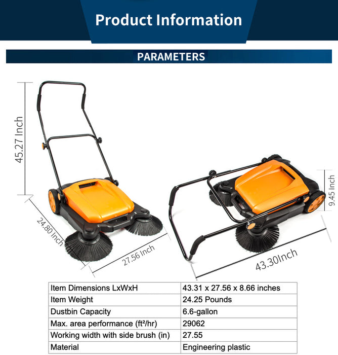 SM650 27.5" Manual Push Powered Floor Sweeper, Triple Brushes, Indoor and Outdoor - Sweatfully