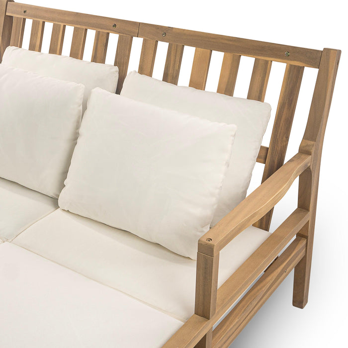 Outdoor Daybed, Patio Daybed with Four Pillows, Wooden Outdoor Bed with Curved Armrests for Poolside, Backyard, Garden - Sweatfully