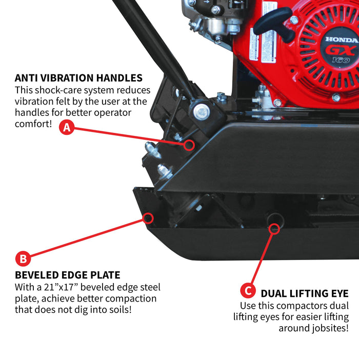 5.5 HP Honda Vibratory Plate Compactor Tamper for Ground, Gravel, Dirt, Asphalt, Compaction - Sweatfully