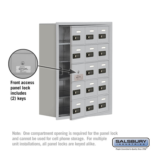 Salsbury Recessed Mounted Cell Phone Storage Locker with 15 A Doors (14 usable) in Aluminum -Resettable Combination Locks - Sweatfully