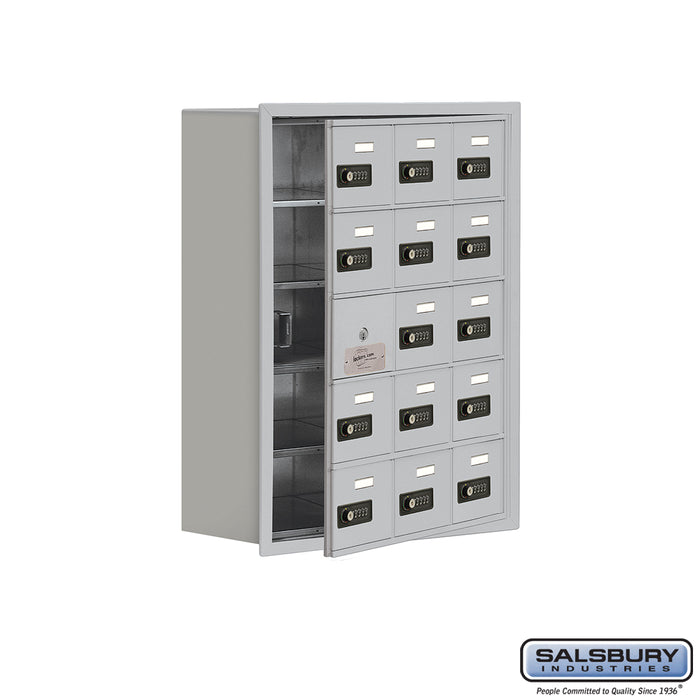 Salsbury Recessed Mounted Cell Phone Storage Locker with 15 A Doors (14 usable) in Aluminum -Resettable Combination Locks - Sweatfully