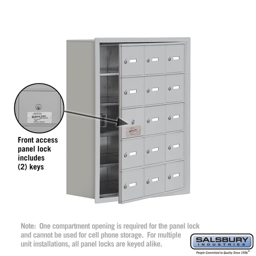Salsbury Recessed Mounted Cell Phone Storage Locker with 15 A Doors (14 usable) in Aluminum - Keyed Locks - Sweatfully