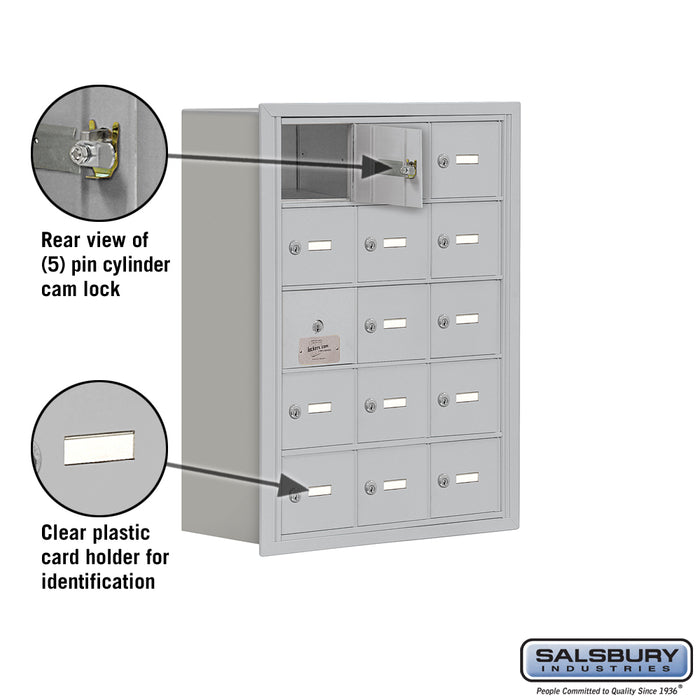 Salsbury Recessed Mounted Cell Phone Storage Locker with 15 A Doors (14 usable) in Aluminum - Keyed Locks - Sweatfully