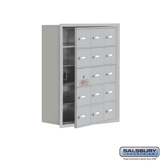 Salsbury Recessed Mounted Cell Phone Storage Locker with 15 A Doors (14 usable) in Aluminum - Keyed Locks - Sweatfully