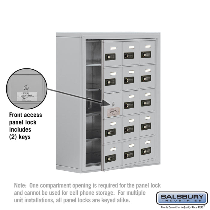 Salsbury Surface Mounted Cell Phone Storage Locker with 15 A Doors (14 usable) in Aluminum - Resettable Combination Locks - Sweatfully