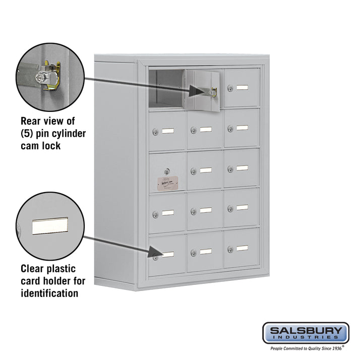 Salsbury Surface Mounted Cell Phone Storage Locker with 15 A Doors (14 usable) in Aluminum - Keyed Locks - Sweatfully