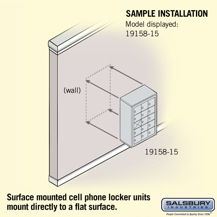 Salsbury Surface Mounted Cell Phone Storage Locker with 15 A Doors (14 usable) in Aluminum - Keyed Locks - Sweatfully