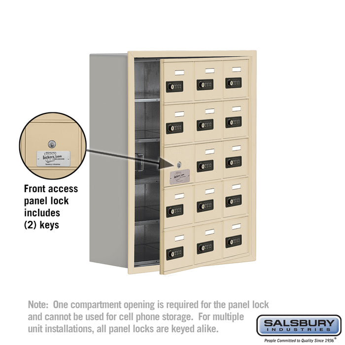 Salsbury Recessed Mounted Cell Phone Storage Locker with 15 A Doors (14 usable) in Sandstone - Resettable Combination Locks - Sweatfully