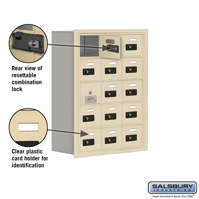 Salsbury Recessed Mounted Cell Phone Storage Locker with 15 A Doors (14 usable) in Sandstone - Resettable Combination Locks - Sweatfully