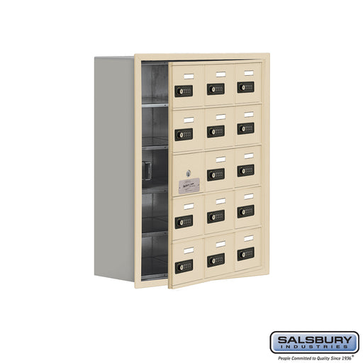 Salsbury Recessed Mounted Cell Phone Storage Locker with 15 A Doors (14 usable) in Sandstone - Resettable Combination Locks - Sweatfully
