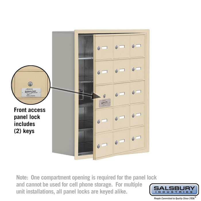 Salsbury Recessed Mounted Cell Phone Storage Locker with 15 A Doors (14 usable) in Sandstone - Keyed Locks - Sweatfully