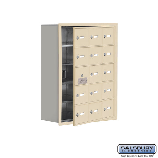 Salsbury Recessed Mounted Cell Phone Storage Locker with 15 A Doors (14 usable) in Sandstone - Keyed Locks - Sweatfully