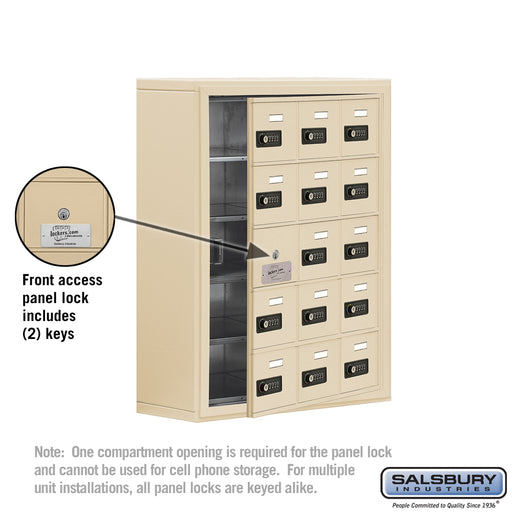 Salsbury Surface Mounted Cell Phone Storage Locker with 15 A Doors (14 usable) in Sandstone - Resettable Combination Locks - Sweatfully