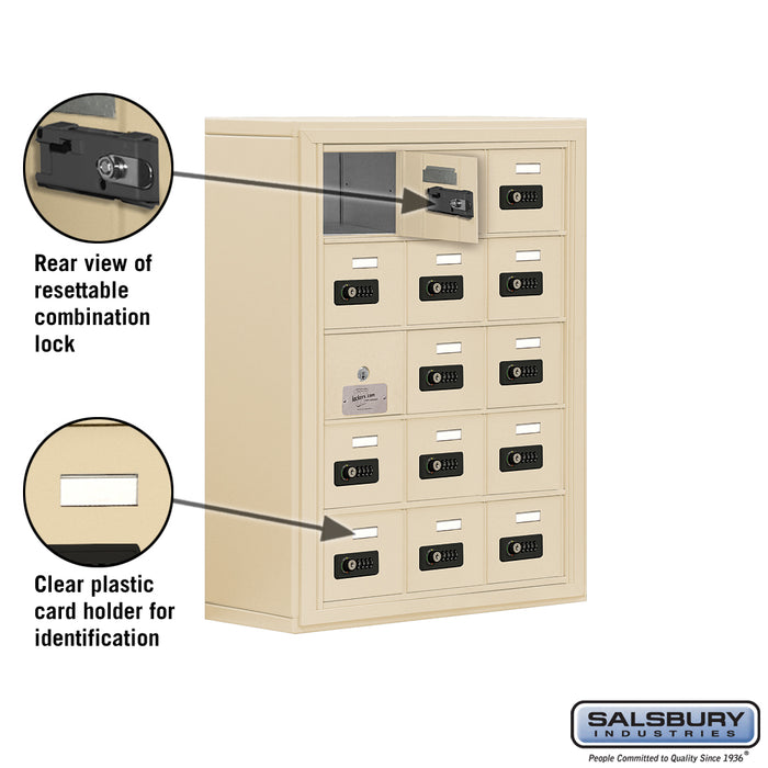 Salsbury Surface Mounted Cell Phone Storage Locker with 15 A Doors (14 usable) in Sandstone - Resettable Combination Locks - Sweatfully