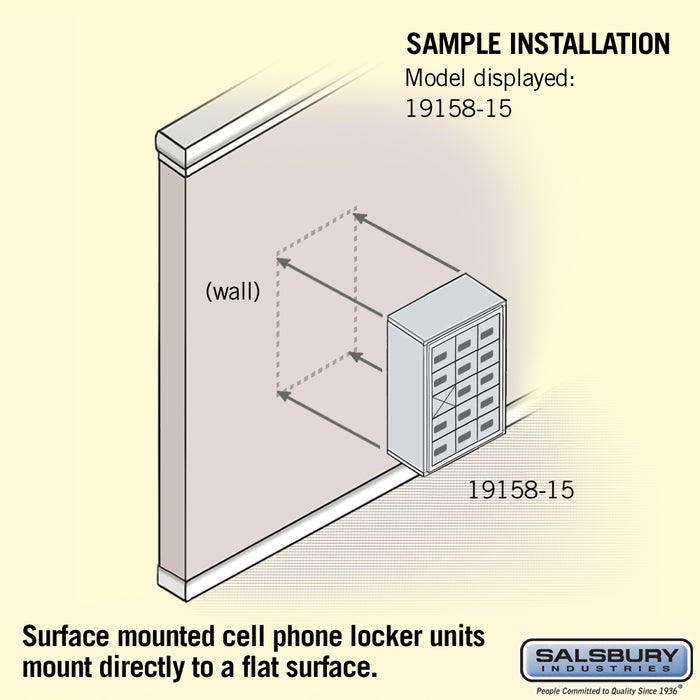 Salsbury Surface Mounted Cell Phone Storage Locker with 15 A Doors (14 usable) in Sandstone - Resettable Combination Locks - Sweatfully