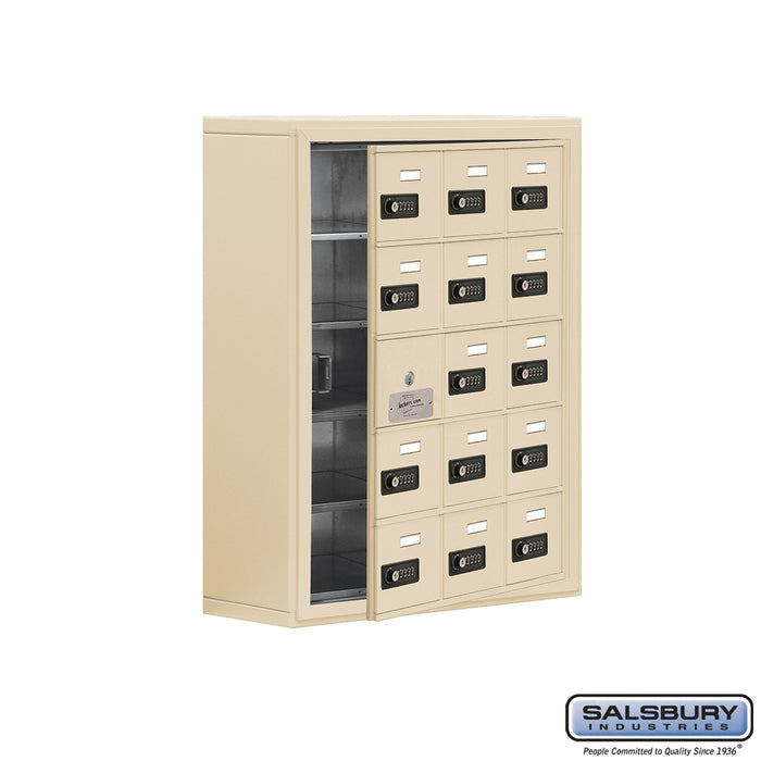 Salsbury Surface Mounted Cell Phone Storage Locker with 15 A Doors (14 usable) in Sandstone - Resettable Combination Locks - Sweatfully