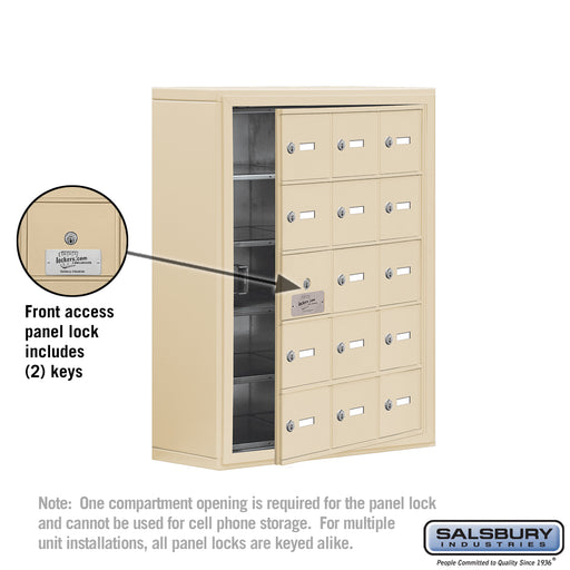 Salsbury Surface Mounted Cell Phone Storage Locker with 15 A Doors (14 usable) in Sandstone - Keyed Locks - Sweatfully