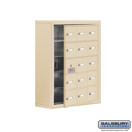 Salsbury Surface Mounted Cell Phone Storage Locker with 15 A Doors (14 usable) in Sandstone - Keyed Locks - Sweatfully