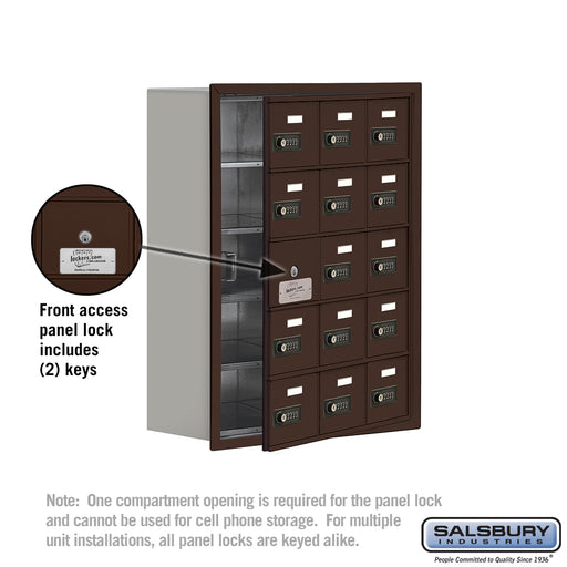 Salsbury Recessed Mounted Cell Phone Storage Locker with 15 A Doors (14 usable) in Bronze - Resettable Combination Locks - Sweatfully
