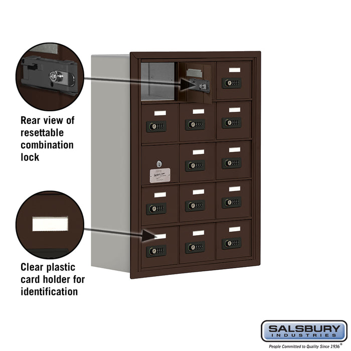 Salsbury Recessed Mounted Cell Phone Storage Locker with 15 A Doors (14 usable) in Bronze - Resettable Combination Locks - Sweatfully