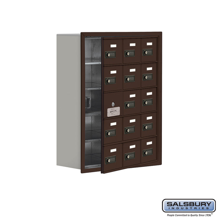 Salsbury Recessed Mounted Cell Phone Storage Locker with 15 A Doors (14 usable) in Bronze - Resettable Combination Locks - Sweatfully