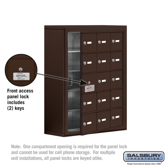 Salsbury Surface Mounted Cell Phone Storage Locker with 15 A Doors (14 usable) in Bronze - Keyed Locks - Sweatfully