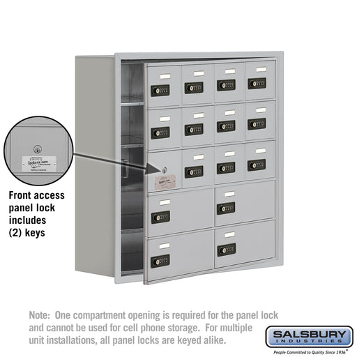 Salsbury Recessed Mounted Cell Phone Storage Locker with 12 A Doors (11 usable) 4 B Doors in Aluminum - Resettable Combination Locks - Sweatfully