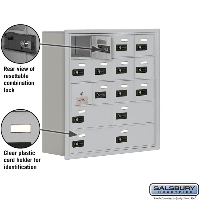 Salsbury Recessed Mounted Cell Phone Storage Locker with 12 A Doors (11 usable) 4 B Doors in Aluminum - Resettable Combination Locks - Sweatfully