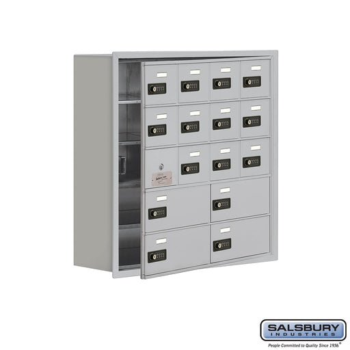 Salsbury Recessed Mounted Cell Phone Storage Locker with 12 A Doors (11 usable) 4 B Doors in Aluminum - Resettable Combination Locks - Sweatfully
