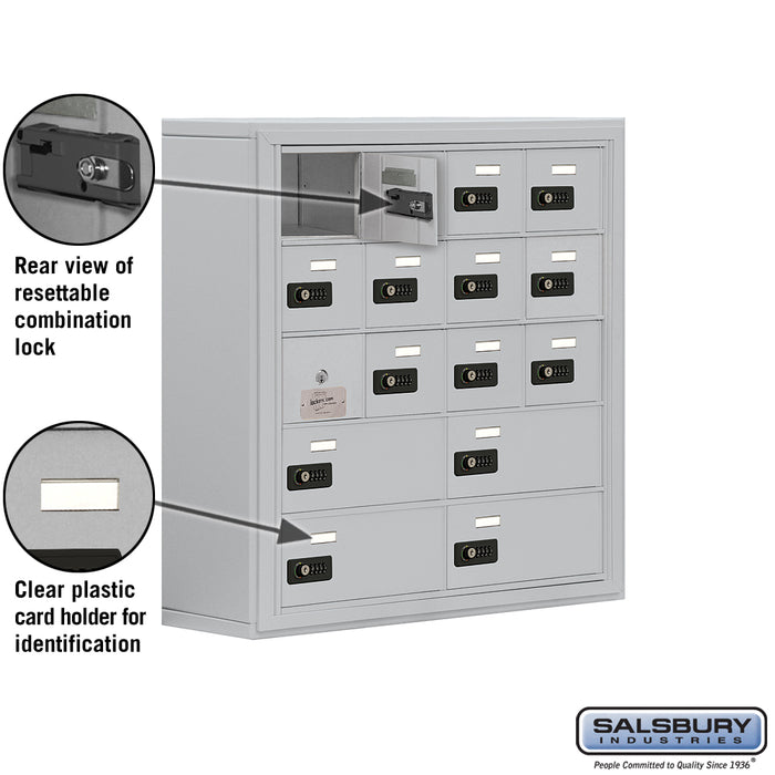 Salsbury Surface Mounted Cell Phone Locker with 12 A Doors (11 usable) 4 B Doors in Aluminum - Resettable Combination Locks - Sweatfully